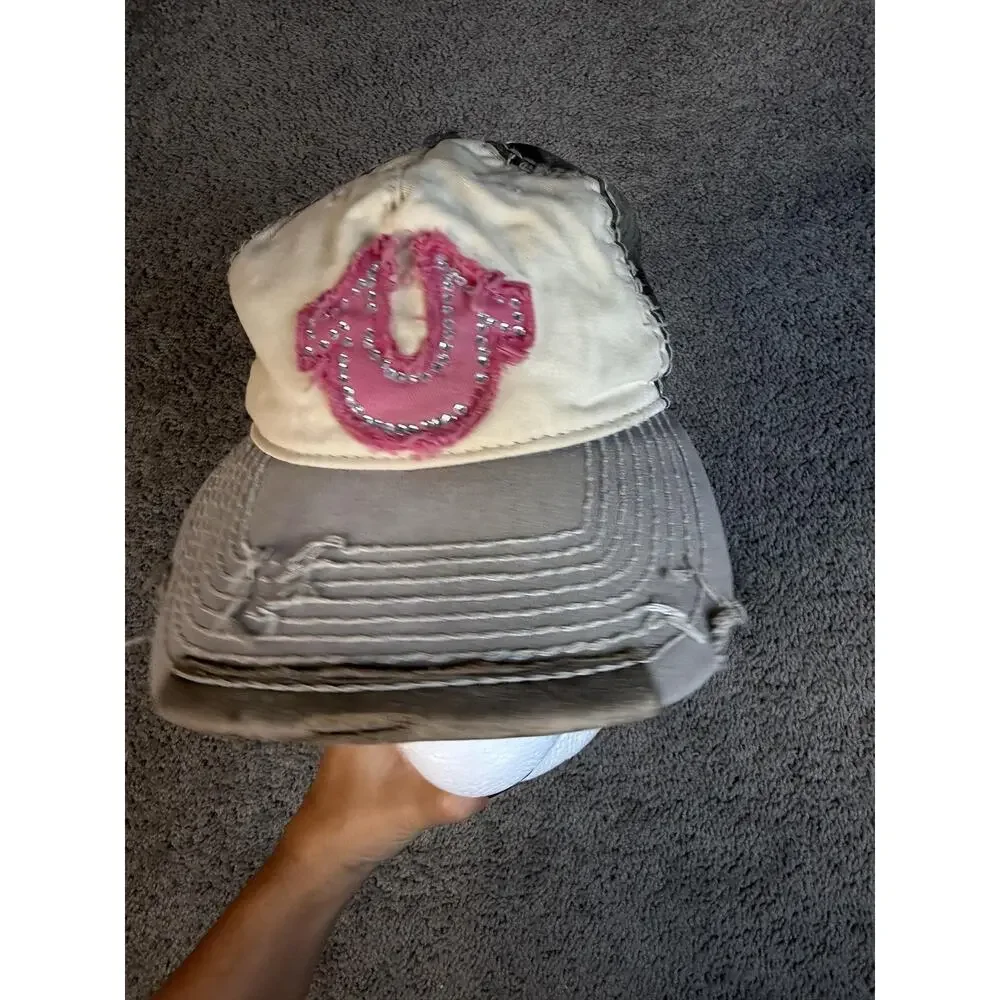 Vintage True Religion Hat Womens One Size Distressed Multicolor Pink Horseshoe